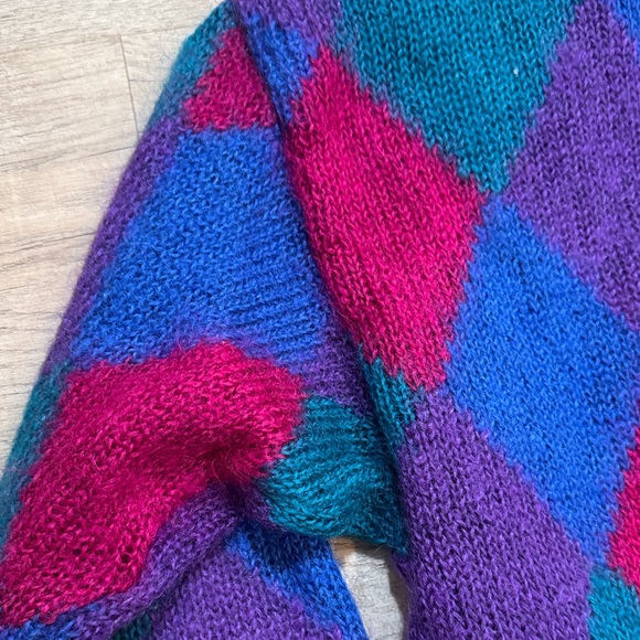 90s Vintage Wool Argyle Cardigan Sweater - Blue, Purple, Pink Preppy Grandpa - Picture 5 of 6